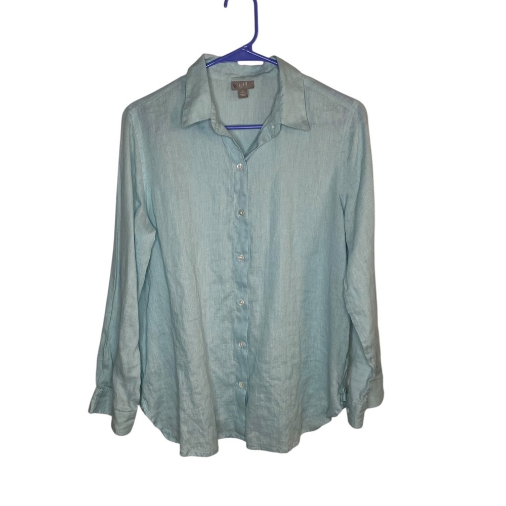 J. Jill Womens Teal Blue 100% Linen Long Sleeve Button Down Blouse Small Petite